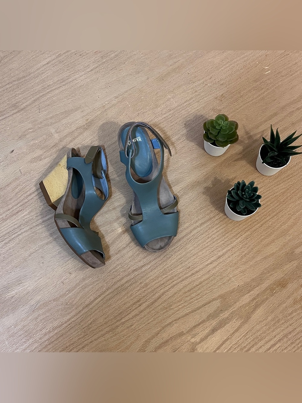 Camper Allegra Wood Heel Sage / Olive Green Leather Sandals